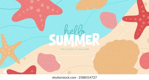 Hello Summer holiday banner. Creative vector background with hand-drawn seashells and starfishes for decoration summer event, card, banner, cover, ads, holiday. Minimal art design in pale colors.