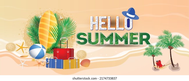 Hello summer holiday beach vacation theme horizontal banner. Summer vacation traveling poster. Colorful tropical sea beach illustration, Summer sale Template