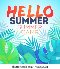 Hello Summer Holiday and Summer Camp poster. Traveling template poster, vector illustration.