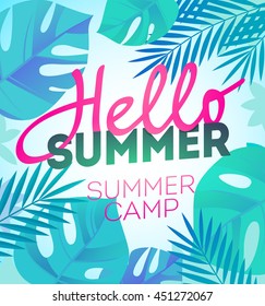 Hello Summer Holiday And Summer Camp Poster. Kids In Summer, Child Time Template Poster, Vector Illustration.