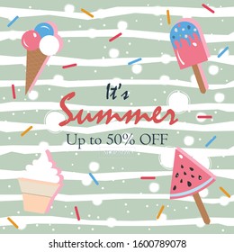 Hello Summer Holiday Card. Up to 50% Off. Shop Now. Vector Illustration
