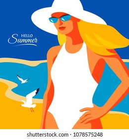 Hello Summer, holiday concept. Abstract woman wearing swimsuit and hat standing on the beach. Sea, sky, gulls, girl. Vector illustration