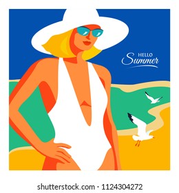 Hello Summer, holiday concept. Abstract blonde woman wearing swimsuit, big hat and sunglasses, standing on the beach. Sea, sky, gulls, girl. Vector illustration