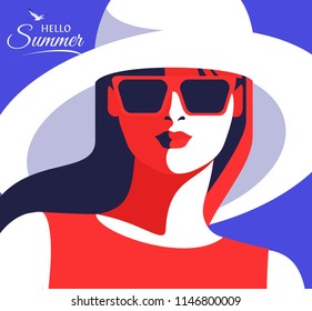 Hello Summer, holiday concept. Abstract woman wearing swimsuit and big hat standing on the beach. Sea, sky, gulls, girl. Vector illustration