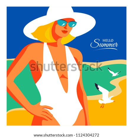 Hello Summer, holiday concept. Abstract blonde woman wearing swimsuit, big hat and sunglasses, standing on the beach. Sea, sky, gulls, girl. Vector illustration