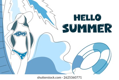 hello summer and summer holiday concept simple vector illustration design element. a minimalist and stylish banner. girl looking beach under palm tree vector illustration.