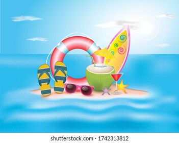 Hello Summer Holiday. with Flower and Beach on Ocean Blue Background. Tropical Plants, Palm Leaves.