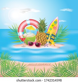 Hello Summer Holiday. with Flower and Beach on Ocean Blue Background. Tropical Plants, Palm Leaves, pineapple, coconut.