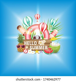 Hello Summer Holiday, Font on wood texture. with Flower and Beach Ball on Ocean Blue Background. Tropical Plants, Float, Palm Leaves, Ice Cream, pineapple and coconut. Vector EPS 10