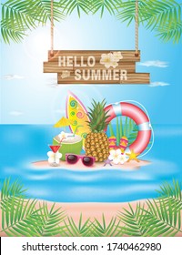 Hello Summer Holiday, Font on wood texture. with Flower and Beach Ball on Ocean Blue Background. Tropical Plants, Float, Palm Leaves, Ice Cream, pineapple and coconut. Vector EPS 10