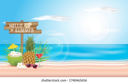 Hello Summer Holiday, Font on wood texture. with Flower and Beach Ball on Ocean Blue Background. Tropical Plants, Palm Leaves, Ice Cream, pineapple and coconut.