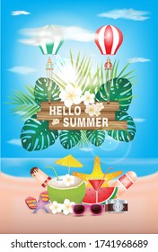 Hello Summer Holiday, Font on wood texture. with Flower and Beach Ball on Ocean Blue Background. Tropical Plants, Float, Palm Leaves, Ice Cream, Pineapple,Balloon,Camera,Sun