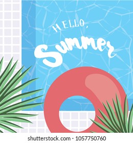 Hello, Summer. Holiday greeting card with  tropical palm leaves, swimming pool and calligraphy elements. Handwritten modern lettering with cartoons background.