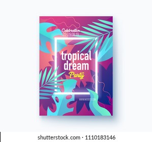 Hello Summer Holiday and Summer party poster. Tropical dream concept flyer. Invitation palm tree template design. Tropical Sunset 