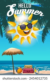 Hello Summer Holiday poster Sun cartoon character