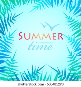 Hello Summer Holiday poster. Traveling template poster. Party poster with palm leaf and lettering summer time. Vector illustration