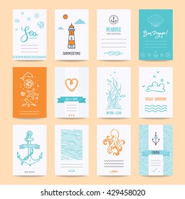 Hello summer holiday, sea vacation, marine trip card, wedding invitation, party flyer, poster. Hipster collection of summertime traveling templates, hand drawn design elements, symbols, illustration.