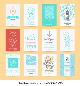 Hello summer holiday, sea vacation, marine trip card, wedding invitation, party flyer, poster template. Artistic collection of summertime traveling hand drawn design elements, symbols, illustration.