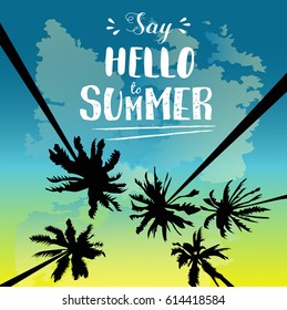 Hola afiche de la plantilla de vacaciones de verano, fiesta, diversión, viajes, fondo, sol, palmera, diseño, ilustración vectorial.