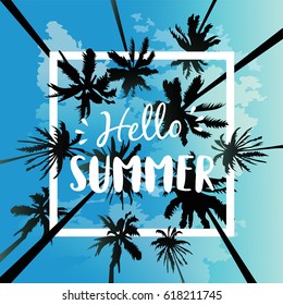  Hallo Sommerurlaub Vorlage Poster, Party, Spaß, Reise, Hintergrund, Sonne, Palme, Design, Vektorgrafik.