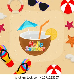 Hello Summer Holiday typographic illustration with Beach Seashore and beautiful background.