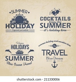 Hello Summer and Holiday Typographic Travel Badge Collections on Grunge Background 
