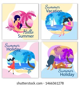 Hello Summer Holiday, Vacation Banner Set, with Beautiful Girls on Exotic Resort, Beach with Palm Trees, Sailing Ship in Ocean Isolated on White Background Cartoon Flat Vector Illustration, Poster