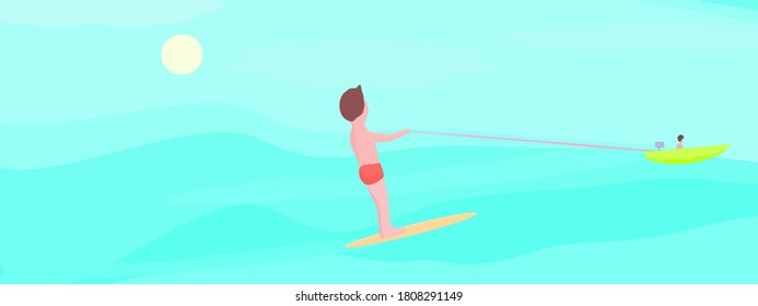 Hello summer holiday vacation concept with sea and windsurfing, water sport, sea, good weather with sunshine, abstract background texture, nature wallpaper scene vector illustration art graphic Design