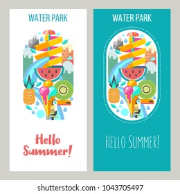 Hello summer. Summer holiday. Vector illustration. Water Park, water slide on mountain landscape background. Toucan, watermelon, kiwi, pineapple and ice cream. A set of cliparts in flat style.
