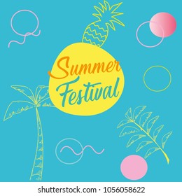 Hello summer holidays backgrounds with palm sketch.Doodle flat design with blue background.