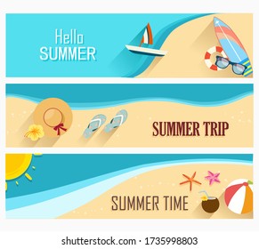 Hello Summer holidays banners design. With boat, life buoy, surfboard, glasses, flip flop, hat,flower, starfish, coconut fruit amd ball at the beach. Invitation to templates, banners, postcard, label.