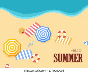 Hello Summer holidays banners design. With umbrella, lifebuoy, map, flip flop, hat and ball top view at the beach. Invitation to templates, banners, postcard, label.