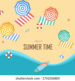 Hello Summer holidays banners design. With umbrella, lifebuoy, map, flip flop, surfboard, ball, starfish and seashell top view at the beach. Invitation to templates, banners, postcard, label.