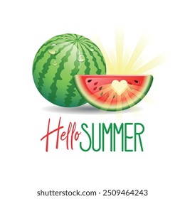 Hello Summer. Summer Holidays concept with sun and watermelon on white background. Vector illustration.