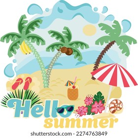 Hola verano, vacaciones, elementos de diseño, palmeras, mar, océano, agua, gafas de sol, flores, arena. Para banners y decoraciones.