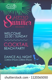 Hello summer holidays. Disco summer party poster with cocktail