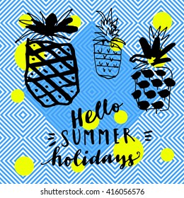 Hello Summer Holidays hand-drawn greeting card. Modern calligraphic card on seamless abstract geometric background. Colorful flyer, poster or postcard template in vector