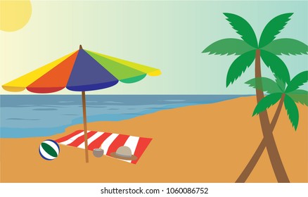 Hello Summer, holidays on the beach with beach relaxsing accessories. Vector illustration.