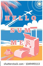 Hello summer. Summer holidays and tropical vacation posters or greeting card. Beach Seashore banner and card Template. Modern flyer design. Vector illustration.