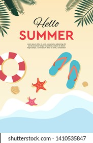 Hello summer, holidays and tropical vacation poster or greeting card. Vector flat design