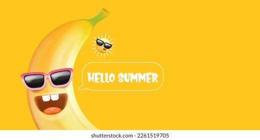 Hello summer horizontal banner with cartoon sun and funky banana character isolated on summer orange background. Vector 3d horizontal hello summer scene, poster, flyer, banner and background