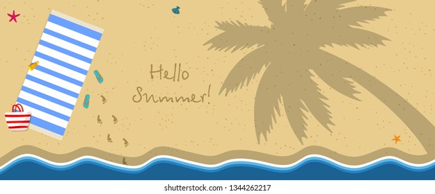 Hello Summer Horizontal Banner with Copy Space. Top View of Exotic Empty Beach with Foamy Waves Edge. Mat, Bag, Slippers and Foot Prints on Sand. Palm Tree Shadow. Cartoon Flat Vector Illustration.