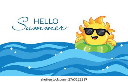 Hello Summer horizontal banner with cute sun mascot floating in ocean waves