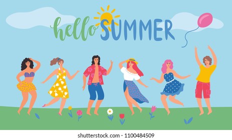 Hello summer! Horizontal banner with the dancing young people. Vector illustration.