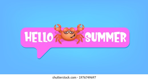 hello summer horizontal banner or flyer design template with cute red crab character isolated on blue sea background. summer beach party design template. Hello summer concept