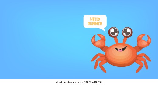 hello summer horizontal banner or flyer design template with cute red crab character isolated on blue sea background. summer beach party design template. Hello summer concept