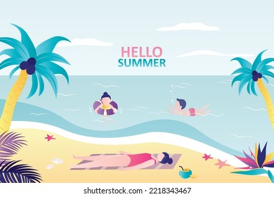 Hola verano, banner horizontal. Niños felices nadando en el mar, mamá tomando el sol. Vistas a la playa tropical. Vacaciones familiares. En verano, un centro vacacional caliente y exótico con palmeras, arena y océano. Paisaje marítimo