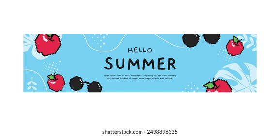 Hello summer horizontal banner with pixel art fruits and glasses design