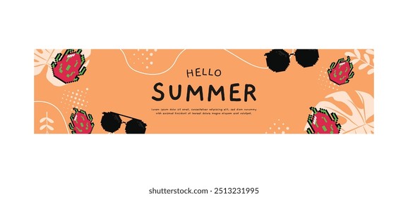 Hello banner horizontal de verão com pixel art frutas e óculos conceito