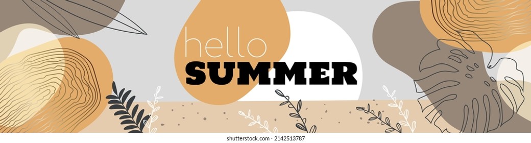 Hello Summer horizontal banner template in sandy colors. Beach abstract lanscape view with tropical plants and hand drawn elements. Best for advertising and party designs.